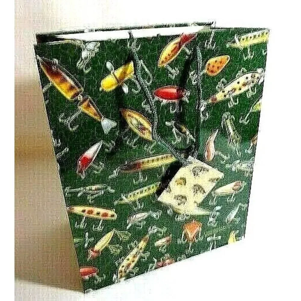 Rivers Edge Antique Lure Fishing Gift Bag Green Handle Card Tag 10 x 8 x 4 NEW